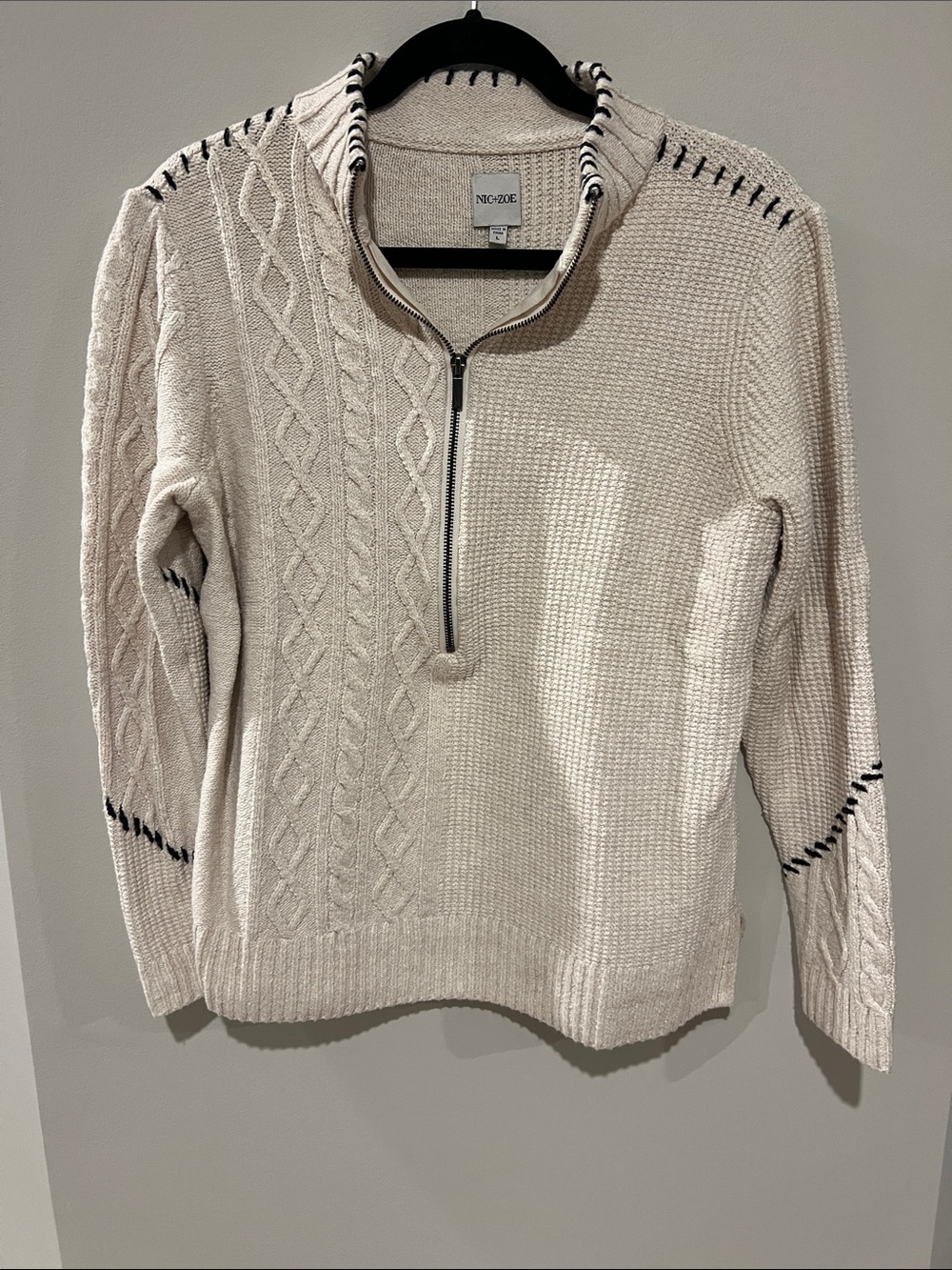 NIC+ZOE Cream Half-Zip Cable Knit Pullover with Contrast Stitching